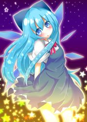 Rule 34 | 1girl, :o, alternate hair length, alternate hairstyle, arms behind back, blue bow, blue dress, blue eyes, blue hair, blush, bow, cirno, collar, commentary request, dress, gradient background, hair bow, highres, ice, ice wings, long hair, red ribbon, ribbon, shirt, short sleeves, sky, solo, sparkle, star (sky), star (symbol), starry background, starry sky, tadano inari, touhou, white shirt, wings