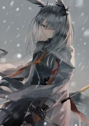 Rule 34 | 1girl, absurdres, animal ears, arknights, cape, commentary, dutch angle, frostnova (arknights), grey cape, grey eyes, grey hair, grey shirt, grey sky, hair ornament, hair over one eye, hairclip, highres, holding, holding knife, knife, lips, open mouth, orange ribbon, outdoors, rabbit ears, ribbon, shirt, sky, snow, solo, tadatsu, upper body