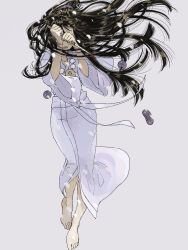 Rule 34 | 1girl, ace attorney, alternate costume, barefoot, black hair, blood, covering own eyes, dress, floating hair, full body, grey background, hair ornament, highres, holding, holding knife, jewelry, knife, long dress, long hair, magatama, maya fey, necklace, omen hohoho, open mouth, robe, sad, scattered hair, simple background, snowing, solo, standing, very long hair, walking, white dress, white robe, wide sleeves