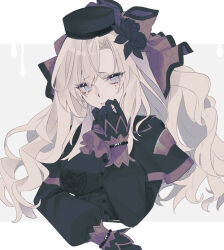 Rule 34 | 1girl, @ @, ascot, black capelet, black flower, black gloves, black headwear, black rose, border, capelet, crying, crying with eyes open, fate/grand order, fate (series), flower, gloves, grey ascot, grey background, grey eyes, hair flower, hair ornament, hand on own chin, kriemhild (fate), kriemhild (first ascension) (fate), long hair, long sleeves, looking at viewer, mole, mole under eye, multiple moles, outside border, rose, sideways glance, simple background, sleeves past wrists, solo, tears, tears from one eye, upper body, uxco0, veil, white border, white hair