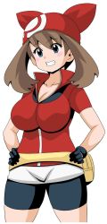 Rule 34 | 1girl, bandana, bike shorts, blue eyes, breasts, brown hair, cleavage, creatures (company), game freak, gloves, highres, jpeg artifacts, koutarosu, large breasts, long hair, may (pokemon), nintendo, open mouth, pokemon, smile, solo, white background
