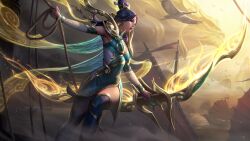 Rule 34 | 1girl, absurdres, animal, ashe (league of legends), bird, black hair, breasts, closed mouth, day, detached sleeves, dress, glowing, gold trim, green dress, green thighhighs, hair bun, hair ornament, hair stick, highres, league of legends, long hair, lunar empress ashe, magic, medium breasts, multicolored clothes, multicolored dress, ocean, official alternate costume, official art, outdoors, rope, ship, single hair bun, solo, standing, thighhighs, watercraft, white dress