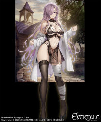 Rule 34 | 1girl, bare shoulders, black footwear, black panties, black thighhighs, blue eyes, breasts, character request, copyright name, evertale, full body, hair over one eye, highres, large breasts, looking at viewer, navel, off shoulder, one eye covered, open clothes, panties, parted lips, purple hair, sage joh, shirt, solo, thighhighs, thighs, underwear, white shirt