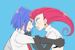Rule 34 | 1boy, 1girl, atsumi yoshioka, black gloves, blue background, blue eyes, blue hair, comforting, creatures (company), crop top, crying, crying with eyes open, earrings, elbow gloves, eye contact, game freak, gloves, green eyes, james (pokemon), jessie (pokemon), jewelry, long hair, looking at another, nintendo, open mouth, pokemon, pokemon (anime), profile, red hair, shirt, simple background, team rocket, team rocket uniform, tears, upper body, white shirt