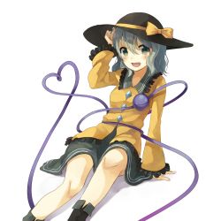 Rule 34 | 1girl, arm support, bad id, bad pixiv id, blouse, boots, frilled sleeves, frills, green eyes, hand in own hair, hat, hat ribbon, heart, heart of string, komeiji koishi, leaning, leaning to the side, long sleeves, looking at viewer, open mouth, ribbon, shirt, short hair, silver hair, simple background, sitting, skirt, solo, third eye, touhou, white background, yumegi (bitter orange215)