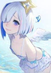 Rule 34 | 1girl, amane kanata, angel wings, bare shoulders, bikini, bikini skirt, blue hair, blunt ends, bob cut, breasts, commentary, hair over one eye, heart, highres, hololive, leaning forward, looking at viewer, multicolored hair, pink hair, purple eyes, short hair, small breasts, smile, solo, streaked hair, swimsuit, takami masahiro, virtual youtuber, white hair, wings