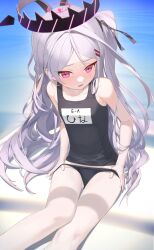Rule 34 | 1girl, absurdres, beach, black one-piece swimsuit, black panties, blue archive, blush, breasts, commentary request, day, feet out of frame, grey hair, halo, highres, hina (blue archive), hina (swimsuit) (blue archive), long hair, looking down, name tag, ocean, official alternate costume, one-piece swimsuit, open mouth, panties, pink eyes, school swimsuit, side ponytail, small breasts, solo, swimsuit, taktori, underwear, undressing