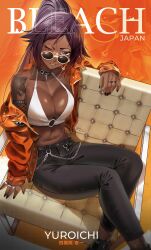 Rule 34 | 1girl, absurdres, armchair, bikini, bikini top only, black collar, black nails, black pants, bleach, breasts, chain, chair, character name, collar, commentary, copyright name, dark-skinned female, dark skin, english commentary, halterneck, highres, jacket, jewelry, large breasts, long hair, looking at viewer, navel, nose piercing, nose ring, o-ring, o-ring bikini, off shoulder, one eye closed, open clothes, open jacket, orange jacket, pants, parted lips, piercing, ponytail, purple eyes, purple hair, ring, shihouin yoruichi, shoulder tattoo, sitting, solo, stomach, sunglasses, swimsuit, tattoo, waligner, white bikini