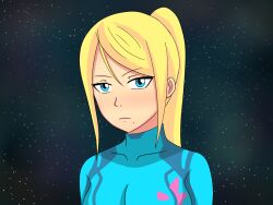 Rule 34 | 1girl, aqua bodysuit, arms at sides, blonde hair, blue eyes, bodysuit, breasts, collarbone, expressionless, facing viewer, female focus, hair between eyes, high collar, highres, hyoreisan, large breasts, long hair, looking at viewer, metroid, mole, mole under mouth, neck, nintendo, ponytail, portrait, samus aran, sidelocks, skin tight, space, standing, star (symbol), starry background, swept bangs, upper body, zero suit