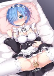 Rule 34 | 10s, 1girl, bed, blue eyes, blue hair, blush, closed eyes, clothed sex, clothes lift, cum, cum in pussy, detached sleeves, disembodied penis, dress, dress lift, frills, from above, hair ornament, hair over one eye, hair ribbon, hetero, highres, looking at viewer, maid, matching hair/eyes, mumumumu, no panties, on bed, penis, pillow, pussy, pussy juice, re:zero kara hajimeru isekai seikatsu, rem (re:zero), ribbon, sex, short hair, smile, solo focus, spread legs, thighhighs, vaginal, white thighhighs, x hair ornament