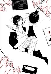 Rule 34 | bare arms, bare shoulders, black cat, black socks, black tank top, book, cat, character name, closed eyes, closed mouth, computer, etou yona, expressionless, from above, hair between eyes, kitchen knife, laptop, light bulb, looking at viewer, lying, monochrome, omori, omori (omori), on floor, on side, open book, short hair, shorts, socks, spot color, striped clothes, striped shorts, tank top, tissue box, vertical-striped clothes, vertical-striped shorts