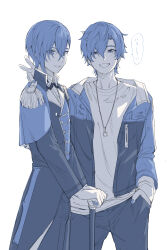 Rule 34 | 2boys, arm around neck, blue eyes, blue nails, bolo tie, cane, coat, dual persona, epaulettes, grin, hand in pocket, highres, jacket, jewelry, kaito (vocaloid), limited palette, looking at viewer, male focus, multiple boys, necklace, open clothes, open jacket, project sekai, sentea, smile, v, vivid bad squad kaito, wonderlands x showtime kaito