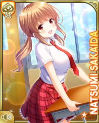 Rule 34 | 1girl, blush, breasts, brown hair, card (medium), character name, classroom, cowboy shot, day, desk, female focus, from side, girlfriend (kari), hair ornament, holding, indoors, large breasts, long hair, looking at viewer, necktie, official art, open mouth, pink scrunchie, plaid, plaid skirt, qp:flapper, red eyes, red necktie, red skirt, sakaida natsumi, school, school desk, school uniform, scrunchie, shirt, shirt tucked in, short sleeves, skirt, smile, solo, sparkle, standing, sunlight, white shirt, window, wooden floor