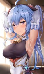 Rule 34 | 1girl, ahoge, armpits, arms behind head, arms up, bare shoulders, bell, blue hair, blush, bodystocking, bodysuit, breasts, brown bodysuit, covered navel, cowbell, cum, cum on armpit, cum on armpits, cum on body, detached sleeves, ganyu (genshin impact), genshin impact, goat horns, highres, horns, large breasts, long hair, looking at viewer, purple eyes, renetan, solo