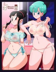 Rule 34 | 2girls, ass, breasts, bulma, chi-chi (dragon ball), cleft of venus, dragon ball, female focus, highres, mature female, milky bunny, multiple girls, nipples, panties, see-through, see-through panties, see-through shirt, shirt, swimsuit, text focus
