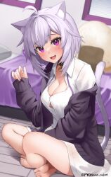 Rule 34 | 1girl, absurdres, ahoge, animal collar, animal ear fluff, animal ears, barefoot, bed, black collar, black jacket, blush, breasts, cat ears, cat girl, cat tail, cleavage, collar, commentary request, fang, highres, hololive, jacket, large breasts, looking at viewer, medium hair, naked shirt, neck ribbon, nekomata okayu, nekomata okayu (oversized shirt), open clothes, open jacket, open mouth, purple eyes, purple hair, purple ribbon, pyonsan, ribbon, shirt, tail, thighs, untied ribbon, virtual youtuber, white shirt