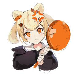 Rule 34 | 1girl, anger vein, angry, animal ears, arknights, bear ears, black shirt, blonde hair, candy hair ornament, closed mouth, commentary, food-themed hair ornament, frown, frying pan, gummy (arknights), hair ornament, highres, holding, holding frying pan, looking at viewer, medium hair, orange eyes, sailor collar, school uniform, serafuku, shirt, simple background, sketch, solo, soyoong jun, twintails, upper body, white background
