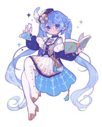 Rule 34 | 1girl, beaker, blue eyes, blue hair, book, braid, commentary, dress, full body, glasses, hat, hat feather, hatsune miku, high heels, highres, holding, holding book, jacket, long hair, long sleeves, off shoulder, open mouth, shiro (a923808254), solo, thighhighs, twintails, very long hair, vocaloid, yuki miku, yuki miku (2025) (candidate no.4)