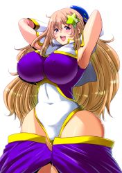 Rule 34 | 1girl, armpits, arms behind head, arms up, atago (kancolle), bad id, bad pixiv id, beret, blonde hair, blush, breasts, cosplay, covered navel, curvy, covered erect nipples, gloves, green eyes, gundam, gundam seed, gundam seed destiny, hair ornament, hat, highleg, highleg leotard, huge breasts, kantai collection, leotard, long hair, looking at viewer, meer campbell, meer campbell (cosplay), open mouth, perepere-kun, smile, solo, star (symbol), star hair ornament, white background, white gloves, wide hips