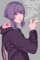 Rule 34 | 1girl, absurdres, animal hood, between fingers, cigarette, commentary request, from side, grey background, hair tie, hand up, highres, holding, holding cigarette, hood, hood down, hoodie, index finger raised, looking at viewer, looking to the side, mashima jirou, open mouth, pink hoodie, purple eyes, purple hair, purple hoodie, rabbit hood, short hair with long locks, simple background, smoke from mouth, smoking, solo, textless version, tsurumaki maki, two-tone hoodie, upper body, vocaloid, voiceroid, yuzuki yukari