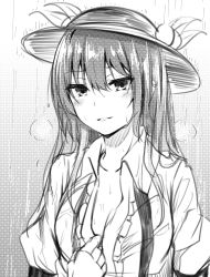 Rule 34 | 1girl, blush, breath, collarbone, food, fruit, greyscale, hair between eyes, hair over shoulder, hat, hinanawi tenshi, long hair, looking at viewer, monochrome, open clothes, open shirt, parted lips, partially unbuttoned, peach, rain, seductive smile, shirt, shirt tug, sketch, smile, solo, steam, touhou, undressing, upper body, wet, wing collar, yuhito (ablbex)