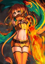 Rule 34 | 1girl, absurdres, aqua cape, borokuro, breasts, cape, charizard, cleavage, creatures (company), dark background, elbow gloves, fingerless gloves, flaming sword, flaming weapon, game freak, gen 1 pokemon, gloves, highres, holding, holding sword, holding weapon, looking at viewer, midriff, navel, nintendo, orange cape, orange gloves, orange hair, orange shorts, orange thighhighs, outdoors, personification, pokemon, short shorts, shorts, small breasts, solo, standing, sword, thighhighs, weapon