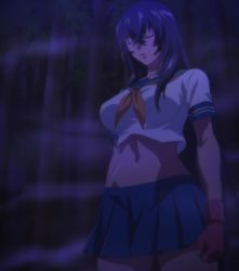 Rule 34 | 1girl, breasts, closed eyes, gloves, highres, ikkitousen, kan&#039;u unchou, large breasts, long hair, midriff, navel, parted lips, school uniform, skirt, solo, standing, stitched, third-party edit, uniform, very long hair