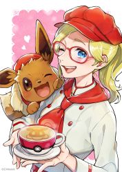 Rule 34 | 1girl, ;d, absurdres, artist name, blonde hair, blue eyes, blush, buttons, commentary request, creatures (company), cup, eevee, eyelashes, game freak, gen 1 pokemon, glasses, hat, heart, highres, holding, holding saucer, leah (pokemon), long hair, looking at viewer, nintendo, one eye closed, open mouth, pokemon, pokemon (creature), pokemon cafe remix, pokemon on arm, red-framed eyewear, red headwear, saucer, shinishi chiho, smile, teacup, teeth, tongue, watermark