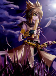 Rule 34 | 1girl, bracelet, brown hair, cloud, covering face, covering own mouth, covering privates, female focus, from below, grass, hair over one eye, hand on hilt, headphones, highres, jewelry, langlang, lens flare, nature, outdoors, plant, ritual baton, short hair, sky, sleeveless, solo, sword, touhou, toyosatomimi no miko, weapon, yellow eyes