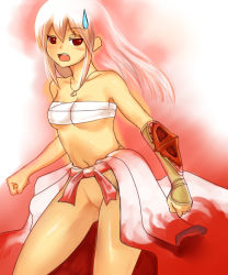 Rule 34 | 1girl, arm guards, bare shoulders, bottomless, breasts, cleavage, clothes around waist, collarbone, contrapposto, groin, jewelry, long hair, looking at viewer, necklace, pendant, pink hair, ragnarok online, sarashi, sura (ragnarok online), solo, standing