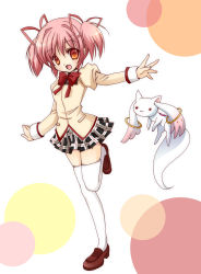 Rule 34 | 10s, 1girl, bad id, bad pixiv id, blush, bow, hair ribbon, highres, kaname madoka, kyubey, mahou shoujo madoka magica, mahou shoujo madoka magica (anime), open mouth, oumi neneha, pink eyes, pink hair, ribbon, school uniform, short hair, short twintails, skirt, smile, thighhighs, twintails, white thighhighs