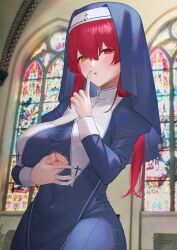Rule 34 | 1girl, absurdres, blush, breasts, clothing cutout, covered navel, habit, heterochromia, highres, hololive, houshou marine, houshou marine (nun), large breasts, long hair, looking at viewer, nun, open mouth, paizuri invitation, red eyes, red hair, rushian, solo, stained glass, underboob, underboob cutout, veil, virtual youtuber, yellow eyes