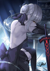 Rule 34 | 1girl, absurdres, artoria pendragon (all), artoria pendragon (fate), backless dress, backless outfit, black dress, black gloves, black ribbon, black thighhighs, braid, braided bun, cup, dress, elbow gloves, excalibur morgan (fate), fate/grand order, fate/stay night, fate (series), from behind, gloves, hair bun, hair ribbon, head rest, highres, looking at viewer, looking back, on chair, rei000531, ribbon, round table, saber alter, signature, single hair bun, solo, table, teardrop, thighhighs, yellow eyes