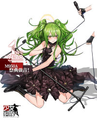 Rule 34 | &gt;:(, 1girl, alternate costume, bare shoulders, black dress, black footwear, black gloves, blush, boots, character name, clenched teeth, copyright name, dress, fingerless gloves, frown, full body, girls&#039; frontline, gloves, green hair, hair between eyes, highres, holding, holding microphone, kneeling, long hair, m950a (concert diva!) (girls&#039; frontline), m950a (girls&#039; frontline), microphone, microphone stand, official alternate costume, official art, out of frame, sidelocks, simple background, solo focus, striped clothes, striped gloves, teeth, twintails, v-shaped eyebrows, white background, zagala