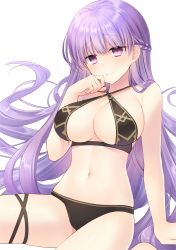 Rule 34 | 1girl, absurdly long hair, absurdres, bikini, black bikini, breasts, cleavage, collarbone, commission, commissioner upload, fire emblem, fire emblem: the binding blade, fujiwara minaho, hand on own face, highres, large breasts, long hair, navel, nintendo, purple eyes, purple hair, sitting, smile, solo, sophia (fire emblem), swimsuit, thigh strap, transparent background, underboob, very long hair
