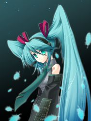Rule 34 | 1girl, aqua background, aqua eyes, aqua hair, aqua necktie, arms at sides, blouse, collared shirt, dark background, detached sleeves, eko, feathers, from side, gradient background, green eyes, grey shirt, hatsune miku, headset, long hair, looking at viewer, necktie, shirt, shoulder tattoo, smile, solo, tattoo, twintails, very long hair, vocaloid