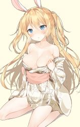 Rule 34 | 1girl, animal ears, bad id, bad pixiv id, bare legs, bare shoulders, beige background, blonde hair, blue eyes, blush, breasts, cleavage, collarbone, floral print, japanese clothes, kimono, kurut, long hair, medium breasts, obi, off shoulder, original, parted lips, rabbit ears, sash, seiza, simple background, sitting, solo, sweat, two side up, very long hair, white kimono, yukata