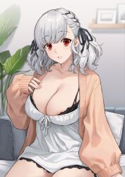 Rule 34 | absurdres, alternate costume, areola slip, black bra, bra, braid, breasts, camisole, cardigan, cleavage, collarbone, couch, girls&#039; frontline, hand up, highres, huge breasts, indoors, looking at viewer, on couch, open cardigan, open clothes, open mouth, picture frame, plant, red eyes, shelf, sitting, spas-12 (girls&#039; frontline), tan sweater, terras, underwear, upper body, very long sleeves, white camisole, white hair
