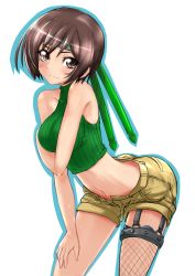 Rule 34 | 1girl, bare shoulders, bent over, blush, breasts, brown hair, brown shorts, commentary, cowboy shot, cropped sweater, final fantasy, final fantasy vii, fingerless gloves, fishnets, gloves, green sweater, headband, highres, holding own arm, leaning forward, looking at viewer, medium breasts, midriff, navel, open fly, pochiiru (uowou), ribbed sweater, short hair, shorts, sleeveless, sleeveless sweater, sleeveless turtleneck, smile, solo, sweat, sweater, transparent background, turtleneck, yuffie kisaragi