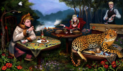 Rule 34 | 1girl, 2boys, bird, blonde hair, book, bottle, cigar, dospi, drinking, drinking straw, eagle, facial hair, forest, glasses, kiseru, leopard, multiple boys, mustache, nature, open book, original, smoking pipe, reading, sitting, table, tea, watch, wristwatch