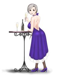 Rule 34 | 1girl, alcohol, alternate costume, ass, back, backless dress, backless outfit, bad id, bad pixiv id, breasts, champagne, champagne bottle, champagne flute, chitose (kancolle), cocktail dress, cup, dress, drinking glass, evening gown, formal, from behind, full body, grey eyes, grey hair, hair over shoulder, hair ribbon, halterneck, high heels, highres, kantai collection, large breasts, looking at viewer, looking back, nail polish, pantyhose, purple dress, purple nails, ribbon, sideboob, sleeveless, smile, solo, table, transparent background