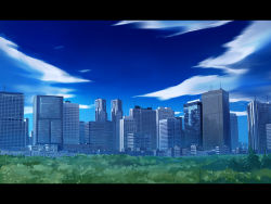 Rule 34 | blue theme, building, city, cloud, day, letterboxed, no humans, outdoors, real world location, scenery, seo tatsuya, shinjuku (tokyo), sky, skyscraper, tokyo (city)