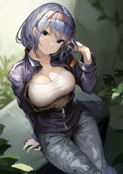 Rule 34 | 1girl, :o, black jacket, black pants, blue eyes, blue hair, blush, breasts, brown hairband, cleavage, commentary request, feet out of frame, from above, hairband, hand in own hair, head tilt, highres, jacket, koruse, large breasts, leaf, long sleeves, looking at viewer, looking up, open clothes, open jacket, original, pants, parted lips, partially unzipped, shirt, short hair, sitting, solo, thigh gap, white shirt, zipper, zipper pull tab