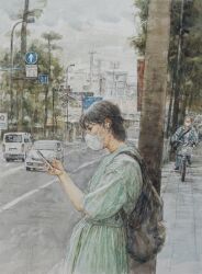 Rule 34 | car, cellphone, highres, mask, motor vehicle, mouth mask, original, painting (medium), path, phone, power lines, road, road sign, shiki4winter, sign, smartphone, street, town, traditional media, tree, utility pole, watercolor (medium)