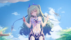 Rule 34 | 1girl, absurdres, bare shoulders, blue sky, breasts, caisena, cleavage, closed mouth, cloud, cloudy sky, earrings, green eyes, green hair, half-closed eyes, highres, honkai (series), honkai impact 3rd, jewelry, long hair, looking at viewer, medium breasts, mobius (daughter of corals) (honkai impact), mobius (honkai impact), one-piece swimsuit, outdoors, palm leaf, palm tree, single earring, sky, smile, solo, swimsuit, tree, twintails, wavy hair