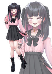 Rule 34 | 1girl, absurdres, bell, black bow, black footwear, black hair, black sailor collar, black skirt, boots, bow, collar, colored inner hair, commentary request, full body, hair bow, high heel boots, high heels, highres, jirai kei, monster energy, multicolored hair, neck bell, open mouth, original, pink collar, pink eyes, pink hair, pink shirt, sahara1127, sailor collar, shirt, skirt, solo, twintails, two-tone hair, white background