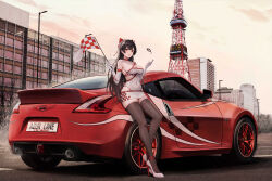 Rule 34 | 1girl, :d, absurdres, azur lane, black hair, breasts, building, car, car keys, character name, checkered flag, city, cityscape, cleavage, commentary request, copyright name, covered navel, elbow gloves, exhaust, flag, full body, gloves, grey thighhighs, hands up, high heels, highres, holding, holding flag, horns, kcar66t, large breasts, license plate, long hair, looking at viewer, motor vehicle, nissan, nissan 370z, nissan fairlady z, oni horns, open mouth, outdoors, panasonic corporation, race queen, red eyes, sakawa (azur lane), shadow, skyscraper, smile, solo, sports car, thighhighs, tokyo tower, tower, white footwear, white gloves