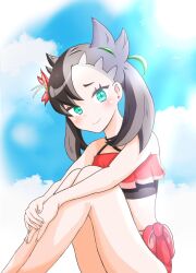 Rule 34 | 1girl, aqua eyes, armpits, asymmetrical bangs, beach, bikini, black hair, child, clothes lift, collarbone, creatures (company), earrings, eyelashes, female focus, fingernails, flat chest, flower, flower on head, from side, game freak, hair ornament, halterneck, happy, highres, hugging own legs, jewelry, knees to chest, knees up, legs, light particles, light smile, long hair, looking at viewer, marnie (pokemon), marnie (summer 2021) (pokemon), midriff, nail polish, navel, neck, nintendo, official alternate costume, outdoors, own hands together, pale skin, pink bikini, pink nails, pink sarong, pokemon, pokemon masters ex, print sarong, rono (lethys), sarong, sarong lift, shy, sitting, sky, summer, sunlight, swimsuit, thighs, turning head, twintails, two-tone bikini, undercut