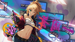 Rule 34 | 1girl, abs, bandeau, blonde hair, bottle, braid, breasts, cowboy shot, cropped jacket, cutoffs, denim, denim shorts, dutch angle, fate/apocrypha, fate/grand order, fate (series), gloves, graffiti, green eyes, grin, highres, jacket, jewelry, looking at viewer, madyy, midriff, mordred (fate), mordred (fate/apocrypha), mordred (memories at trifas) (fate), navel, necklace, off shoulder, one eye closed, open clothes, open jacket, parted bangs, parted lips, pendant, ponytail, short shorts, shorts, sidelocks, skateboard, small breasts, smile, solo, spray bottle, spray can, spray paint, strapless, teeth, tsurime, tube top