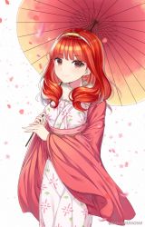 Rule 34 | 1girl, alternate costume, blurry, celica (fire emblem), cherry blossoms, depth of field, earrings, fire emblem, fire emblem echoes: shadows of valentia, flower, fur collar, highres, holding, holding umbrella, japanese clothes, jewelry, kimono, long hair, long sleeves, looking at viewer, nintendo, obi, oil-paper umbrella, parasol, petals, red eyes, red hair, sash, smile, snowsakurachan, solo, twitter username, umbrella, white background, white kimono, wide sleeves